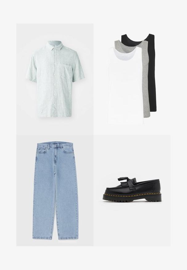 Rövid ujjú, galléros ing világos menta zöld színben, texturált anyagból készült. Egyetlen mellzsebbel és fehér gombokkal rendelkezik.; Három ujjatlan póló fehér, szürke és fekete színben. Mindegyik klasszikus ujjatlan dizájnnal készült, könnyű pamut anyagból, bordázott textúrával.; Világoskék farmernadrág egyenes szárú kivitelben, közepes derékkal, öt zsebbel, gombos és cipzáros záródással.; Fekete bőr mokaszin, rojtos díszítéssel, masszív fekete talppal és sárga varrással az élén. Texturált felület.