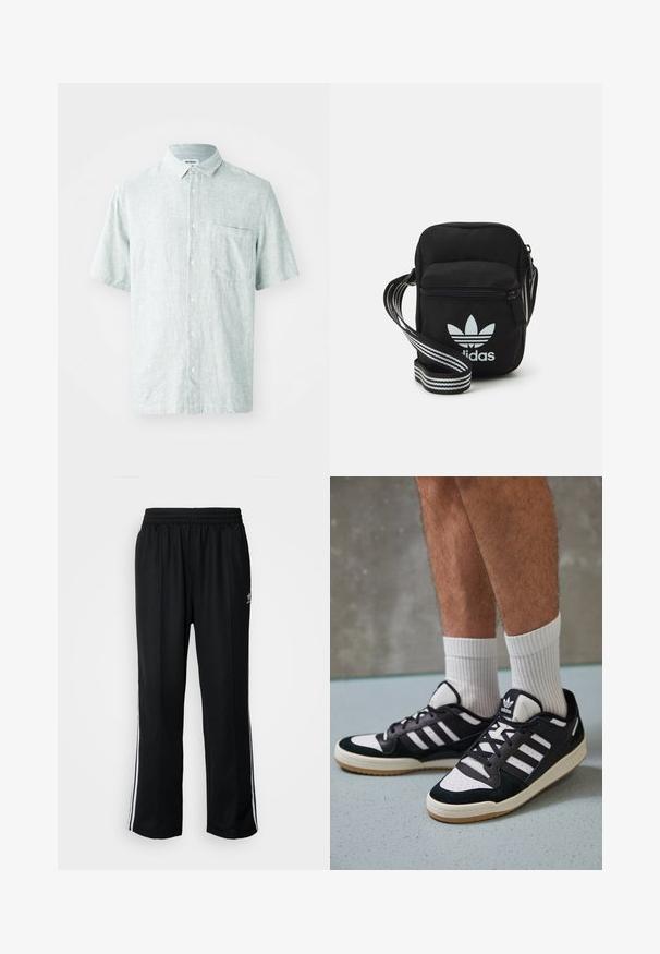 Kurzärmliges, kragenbehaftetes Hemd in hellem Mintgrün, aus strukturiertem Stoff gefertigt. Verfügt über eine einzelne Brusttasche und weiße Knöpfe.; Schwarze Sporthosen mit elastischem Bund, ausgestattet mit weißen Seitenstreifen und einem kleinen Logo. Das Material wirkt weich und leicht.; Schwarz-weiße Sneaker mit einem Obermaterial aus Wildleder und Leder, ausgestattet mit drei weißen Streifen, einer perforierten Zehenpartie und einer Sohle aus Gummi.; Schwarze Umhängetasche aus Stoff mit Reißverschluss, ausgestattet mit einem weißen Adidas-Logo und einem gestreiften, verstellbaren Tragegurt für einfachen Transport.