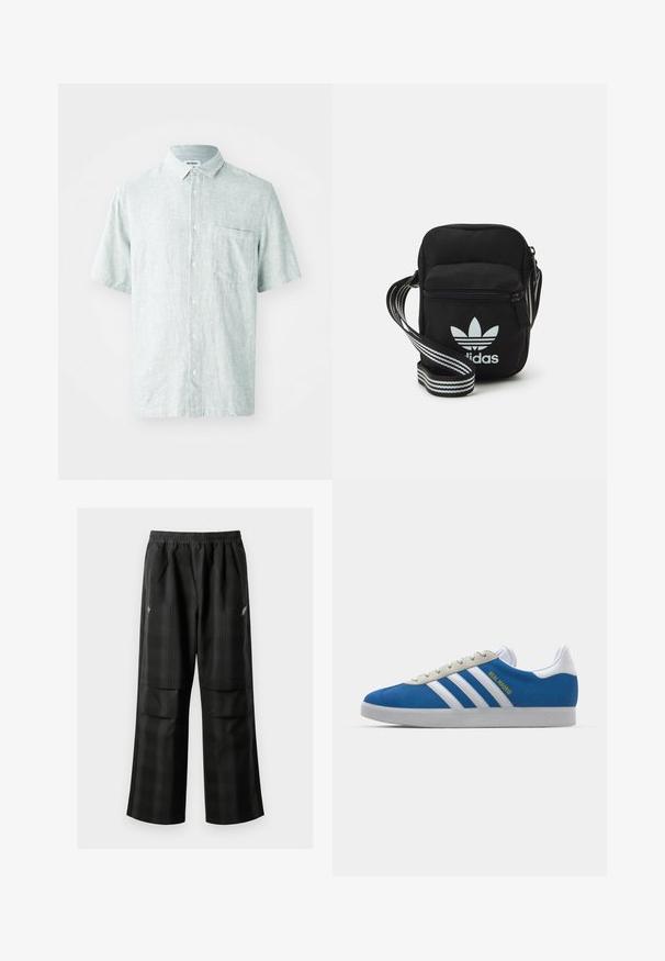 Chemise à col à manches courtes de couleur vert menthe clair, fabriquée en tissu texturé. Comprend une poche poitrine et des boutons blancs.; Pantalons à carreaux noirs avec une taille élastique, deux poches avant et une coupe ample avec une conception à jambe droite. Fabriqués en matériau léger.; adidas Originals ADIDAS GAZELLE SHOES - Chaussures de football en salle - real madrid/bluebird/footwear white/crew yellow; Sac bandoulière noir en tissu avec fermeture éclair, arborant un logo Adidas blanc et une sangle réglable rayée pour un port facile.