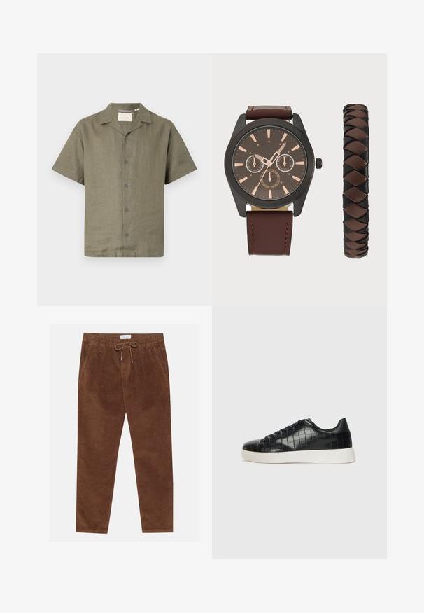 Rövid ujjú olíva zöld lening, camp gallérral és hat azonos színű gombbal az elején, laza szabással és texturált anyaggal.; Pier One Nadrágok - brown; Fekete sportcipő, amely texturált krokodilbőr felsőrésszel, kerek orral és sima felületű, kontrasztos fehér gumitalppal rendelkezik.; Pier One SET - Karóra - black/brown; Öt darabból álló karkötőszett, barna bőrből, fa gyöngyökkel és ezüst lánccal; különböző textúrákkal és formákkal, állítható zárással.