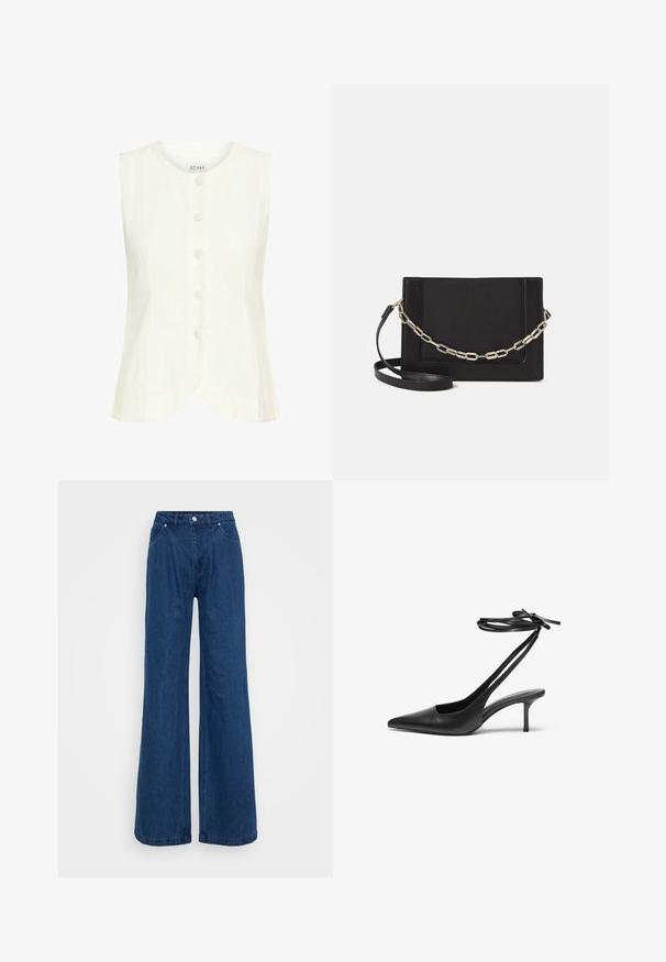 Weißes ärmelloses Top mit rundem Halsausschnitt, fünf Frontknöpfen, geschwungenem Saum und weicher Textur. Hergestellt aus leichtem Stoff.; Weite blaue Jeans mit hoher Taille, vorderem Knopf- und Reißverschlussverschluss sowie Vorder- und Hintertaschen vor einem schlichten Hintergrund.; Schwarzer Leder-Stiletto mit spitzem Zehenbereich, offenem Fersenbereich und mit einer Schleife gebundenen Knöchelriemen. Schlanker 3-Zoll-Absatz. Glatte Textur, minimalistisches Design.; Schwarze Leder-Crossbody-Tasche mit glatter Textur, rechteckiger Form und metallic-kettendetail auf der Vorderseite. Verstellbarer Gurt inklusive.