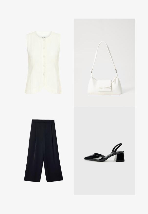 Weißes ärmelloses Top mit rundem Halsausschnitt, fünf Frontknöpfen, geschwungenem Saum und weicher Textur. Hergestellt aus leichtem Stoff.; Weite schwarze Hose aus leichtem Stoff. Mit gefaltetem Bund, hohem Taillenbund und lockerer Passform an den Beinen.; Schwarze Lackleder-Slingback-High Heels mit spitzem Schuh und einem geometrischen Blockabsatz. Verfügt über ein schlankes, minimalistisches Design und eine glatte Textur.; Weiße synthetische Handtasche in dreieckiger Form, flache Vorderklappe und Schleifendetail, verstellbarer Trageriemen, glatte Textur und minimalistisches Design.