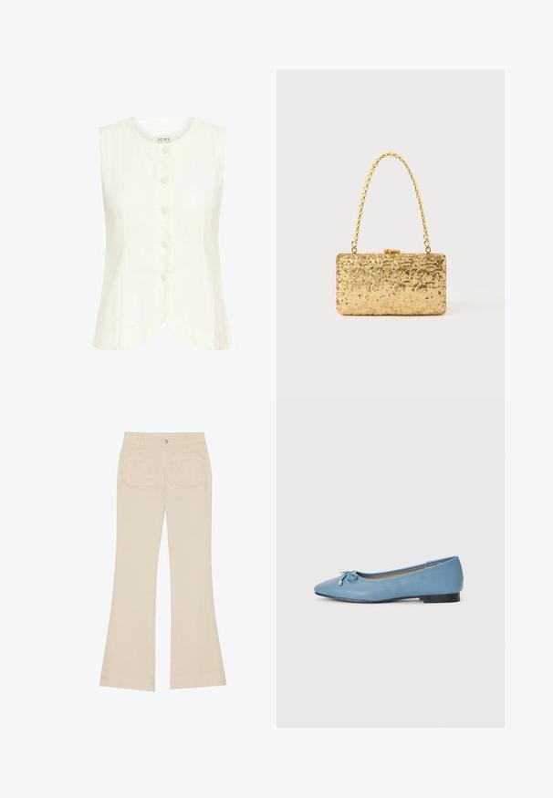 Witte mouwloze top met ronde hals, vijf knopen aan de voorkant, afgeronde zoom en een zachte textuur. Gemaakt van lichtgewicht stof.; Beige wijde broek met een hoge taille, gemaakt van katoen. Voorzien van voor- en achterzakken, riemlussen en een enkele zilveren knop.; Lichtblauwe leren ballerina met een puntige neus, voorzien van een kleine strikaccent en een lage zwarte hak. Soepele textuur met stikdetails.; Gouden pailletten clutch in rechthoekige vorm, met een gedraaide kettinghandvat en een metalen sluiting, die het licht reflecteert met een gestructureerde afwerking.