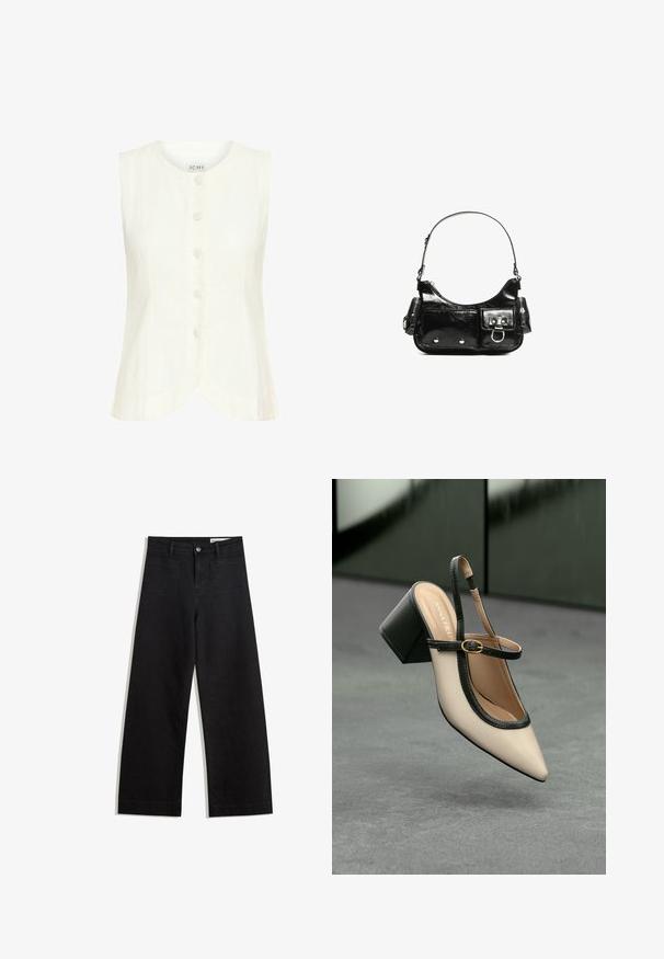Fehér, ujjatlan top kerek nyakkivágással, öt elülső gombbal, ívelt hemrésszel és puha tapintással. Könnyű anyagból készült.; Fekete, bő szabású farmernadrág magas derékkal, elülső és hátsó zsebekkel, varrott felületekkel és gombos záródással. Sima textúra.; Beige, hegyes orrú, pántos cipő fekete díszítéssel, arany csattal és vastag blokk sarokkal, szürke padlón, sötétzöld háttér előtt.; Fekete lakkbőr kézitáska ívelt formával, egy vállpánttal, elülső zsebekkel és ezüstszínű fémrészletekkel.