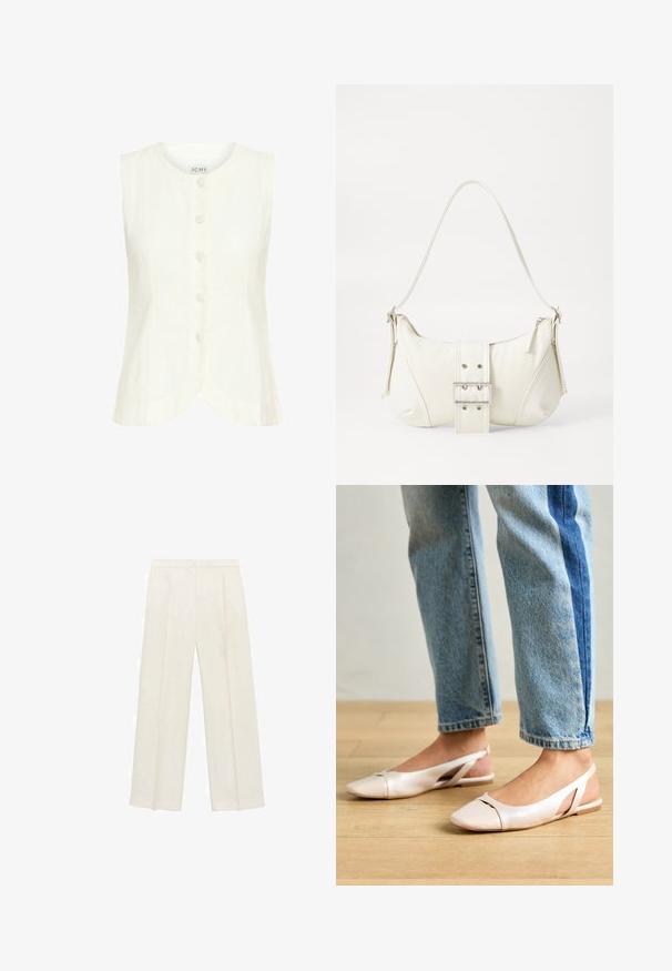 Biały top bez rękawów z okrągłym dekoltem, pięcioma guzikami z przodu, zaokrąglonym dołem i miękką teksturą. Wykonany z lekkiego materiału.; Spodnie o szerokich nogawkach w jasnym kolorze kremowym. Wykonane z gładkiego materiału, z plisami z przodu i bocznymi kieszeniami.; Jasnoróżowe baleriny na odkrytej pięcie z wąskim noskiem, wykonane z gładkiego materiału imitującego skórę. Posiadają wycięcia po bokach oraz płaski obcas.; Biała torebka na ramię o fakturowanym wykończeniu, z centralnym akcentem w postaci klamry i zaokrąglonym kształcie. Zapięcia na zamek błyskawiczny po obu stronach.