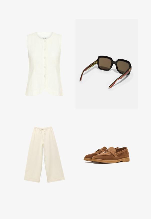 Witte mouwloze top met ronde hals, vijf knopen aan de voorkant, afgeronde zoom en een zachte textuur. Gemaakt van lichtgewicht stof.; Crèmekleurige wijde broek met een elastische tailleband en trekkoord. Glad textuur, knielang, met een loose fit en zonder zichtbare patronen.; Bruine suède instappers met een platte zool, voorzien van een decoratieve strik en subtiele stiksels. Rond ontwerp van de neus.; Zwarte oversized zonnebril met bruine glazen. Kenmerkt zich door unieke gestreepte armen in groen en rood, en gouden hardware accenten. Vierkante vorm.