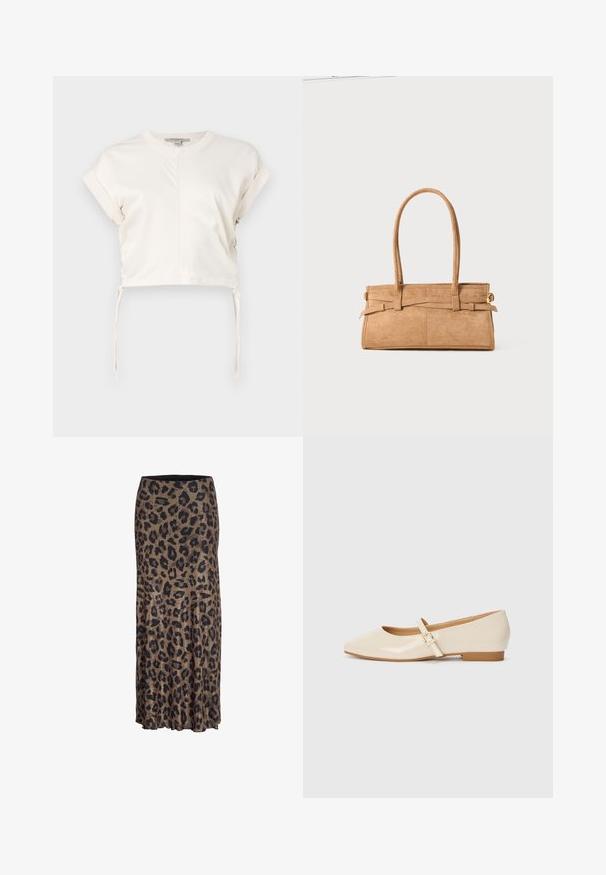 Kremfarget cropped topp laget av glatt stoff, med rund hals, korte ermer og justerbare sidebånd. Enkelt, rent design.; Lepardmønster skjørt i brunt og svart, med et flytende design og en subtil volangnedkant, laget av lett og myk stoff.; Beige patent lær flats med firkantet tå, liten hæl og justerbar ankelstrop med en gullspenne.; Brun semsket skinnhåndveske med to lange håndtak, rektangulær form og dekorativ søm. Har en side stropp og subtile gullhardware-detaljer.