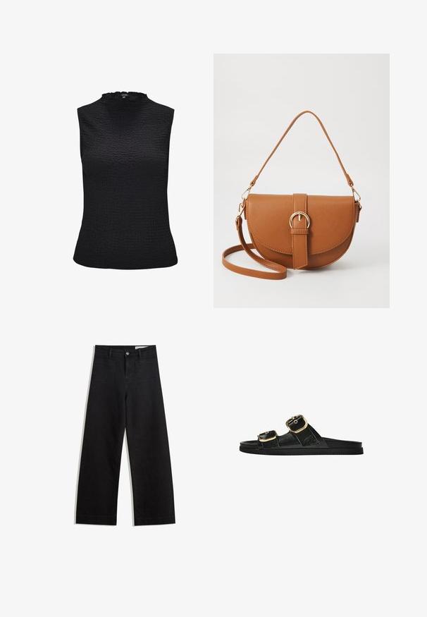Zwarte mouwloze top met een gestructureerde afwerking, voorzien van een subtiele ruffle bij de halslijn. Gemaakt van lichtgewicht stof, met een aansluitend ontwerp.; Zwarte denim broek met wijde pijpen en een hoge taille, voorzien van voor- en achterzakken, gestikte naden en een knoopsluiting. Gladde textuur.; Zwarte slipper met twee gouden gesps, gladde textuur, platte zool en een minimalistisch ontwerp.; Bruine leren schoudertas met een gebogen vorm, gouden hardware en een gespaccent. Bevat een afneembare schouderriem.