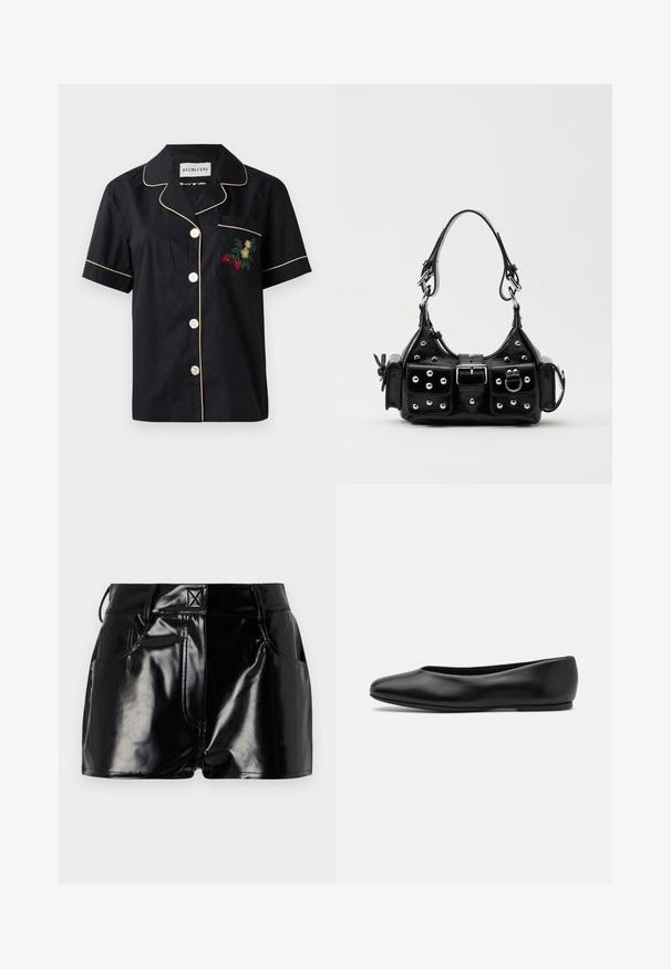 Black short-sleeve shirt with contrast beige piping, five-button front closure, and a left chest pocket featuring floral embroidery.; Black, glossy shorts made of synthetic material. Features a fitted waist, belt loops, and front pockets with prominent stitching details.; Paul Smith TOPANGA - Ballet pumps - black; Black leather handbag with a curved design, featuring silver studs, a buckle, and two side pockets. Adjustable strap for carrying options.