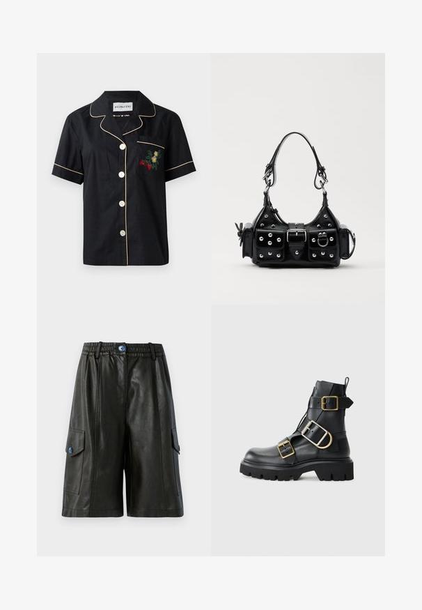 Melna īsām piedurknēm krekls ar kontrastējošu beigu apdari, piecu pogu priekšējā aizdare un kreisajā krūtī kabata ar ziedu izšuvumu.; Melnas ādas kravas šortos ar elastīgu jostu, ar divām sānu kabatām, priekšējo rāvējslēdzēju un zilu pogu akcentu.; Melna ādas potīšu zābaku ar masīvu zoli, kuram ir vairāki siksniņas un zelta aksesuāri. Gluda tekstūra, izturīgs dizains.; Melnas ādas rokturmais ar izliekumu, ar sudraba iedurtiem, sprādzi un divām sānu kabatām. Regulējams siksniņas garums dažādām nēsāšanas iespējām.