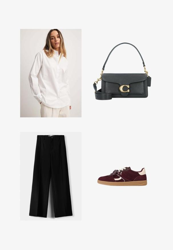 White button-up shirt made of smooth fabric, featuring a collar, long sleeves, and a relaxed fit, paired with textured light-colored pants.; Black striped corset top with a structured design, featuring a folded neckline and smooth texture. The fabric appears sturdy and tailored.; Black wide-leg trousers made of lightweight fabric, featuring a front button closure and flat front, with neatly stitched hems.; Burgundy suede sneaker with white accents, textured detailing, thick gum rubber sole, and patterned laces for secure fit.; Black leather handbag with a gold hardware accent, featuring a signature clasp, a detachable shoulder strap, and textured surface.; White fabric trim featuring alternating strands of smooth textures and beaded accents, with metallic square and round details throughout.