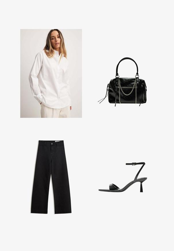 White button-up shirt made of smooth fabric, featuring a collar, long sleeves, and a relaxed fit, paired with textured light-colored pants.; Black wide-leg denim pants with a high waist, featuring front and back pockets, stitched seams, and a button closure. Smooth texture.; Bershka High heeled sandals - black; Bershka WITH CHAIN - Handbag - black