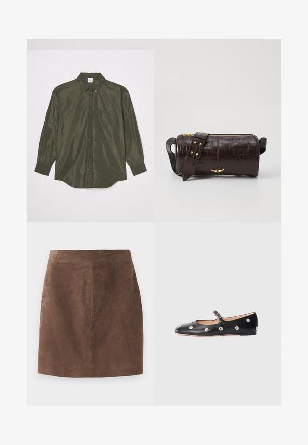 Ilga Rankovė, tamsiai alyvinė žalia marškiniai, pagaminti iš blizgančios medžiagos, turintys mygtukų užsegimą priekyje, smailią apykaklę ir krūtinės kišenę.; Ruda nubuko sijonas su lygiu paviršiumi, A formos ir paprastu juosmeniu. Siuvimo detalės einančios vertikaliai per nugarą.; Juodų odinių Mary Jane plokščių batų su apvaliu pirštu, papuoštų sidabriniais apvaliais nagais ir reguliuojamu dirželiu su sagtimi.; Ruda krokodilo odspaudo odinė rankinė cilindro formos, su auksinėmis detalėmis ir nuimamu dirželiu, papuoštu studelėmis.