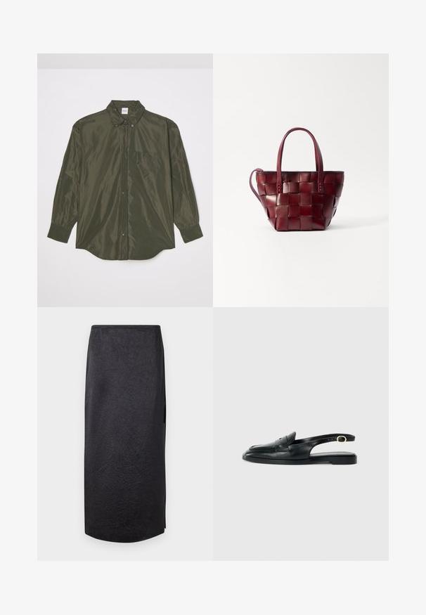 Long-sleeve, dark olive green shirt made of shiny fabric, featuring a button-up front, pointed collar, and a chest pocket.; Black midi skirt with a crinkled texture, straight cut, and side slit. Material appears lightweight. Hemline is slightly rounded.; Black leather slingback shoe with a rounded toe, flat sole, side cutout, and strap featuring a gold-tone hardware detail.; Woven burgundy leather tote bag with two short handles and a detachable shoulder strap. Features a structured shape and smooth texture.