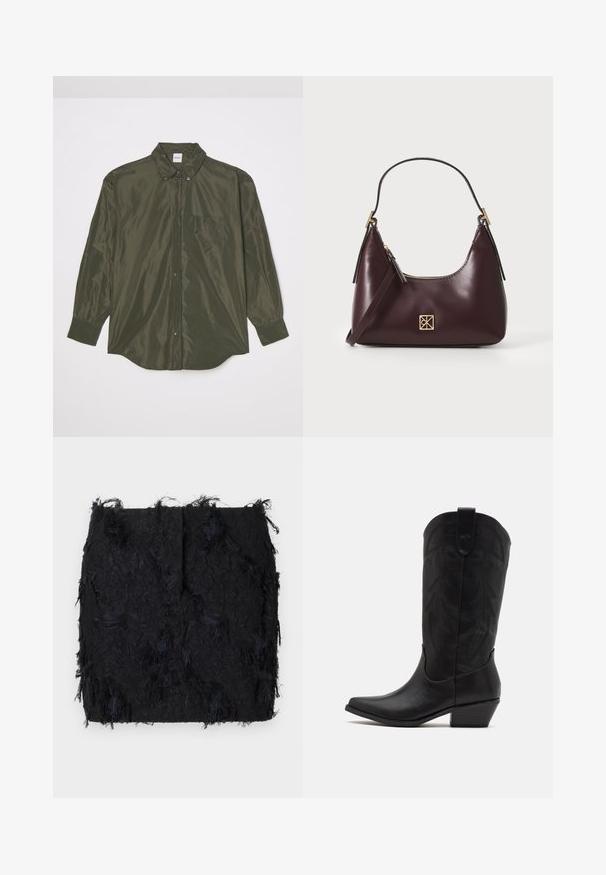 Langermet, mørkeoliven grønn skjorte laget av blankt stoff, med knappelukking foran, spiss krage og brystlomme.; Svart teksturert skjørt med lagdelt frynse-design og en litt ujevn kant, laget av et lett materiale.; Sorte skinn cowboystøvler med spiss tå, lav stablet hæl og intrikat preget bladmønster på skaftet. Løkke øverst for enkel påkledning.; Burgunderfarget lærhåndveske med en buet form, gullfarget detaljer på hardware og glidelås lukking. Har en avtagbar skulderrem.