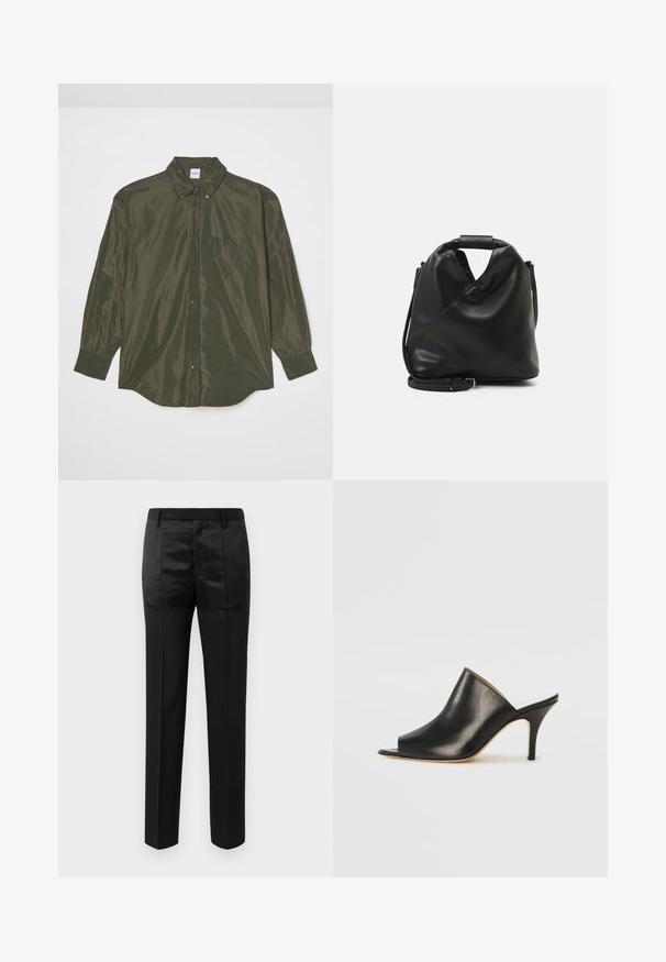 T-paita pitkähiha, tummanoliivinvihreä, valmistettu kiiltävästä kankaasta, jossa on napituksen etuosa, teräväkauluksinen ja rintatasku.; Mustat räätälöidyt housut suoralinjaisilla lahkeilla ja vyötärönauhalla, jossa on vyölenkit, joissa on matta- ja kiiltäväkangaspaneelien yhdistelmä.; Musta nahkainen avot Gap, jossa on virtaviivainen, kaareva muotoilu, korkea stiletto-korko ja sileä pinta. Sisäpuoli on kontrastivärinen vaaleampi sävy.; Mustan, pehmeän nahkabagin ainutlaatuinen kierretty muotoilu. Varustettu lyhyellä kahvalla ja irrotettavalla olkahihnalla. Minimalistinen tyyli.