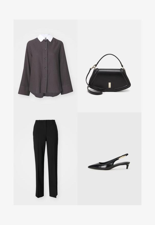 Brown textured shirt with a white collar, featuring a button-up front and long sleeves. Includes six black buttons and a relaxed fit.; Black tailored trousers with a straight-leg design, featuring a smooth texture and crisp creases along the front. No visible hardware.; Black leather slingback heels with a pointed toe, featuring a slim heel and a gold-tone accent on the adjustable strap. Smooth texture.; Black leather handbag with a structured design, featuring a cropped shape, top handle, and gold hardware accent. Adjustable shoulder strap included.