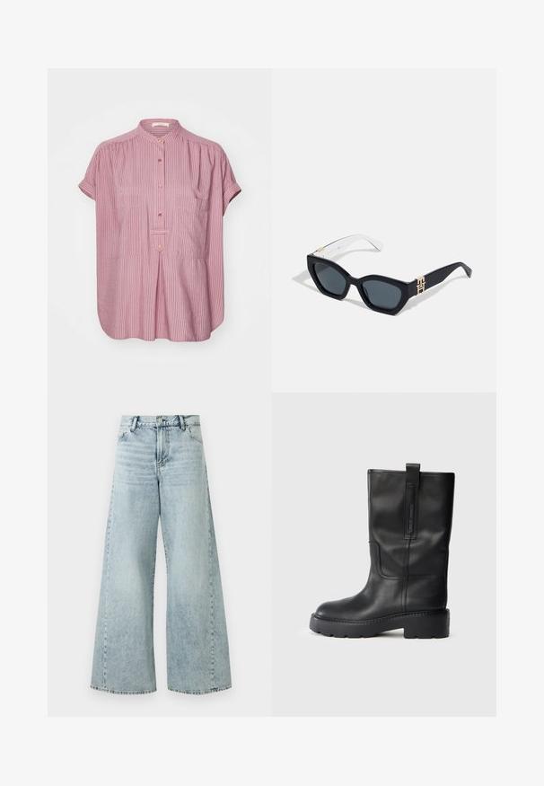 Pink striped short-sleeve shirt with a mandarin collar, two front pockets, and gold accents on buttons. Lightweight fabric.; Light blue denim wide-leg jeans with a high waist, featuring a button closure, five pockets, and frayed hem details.; Black leather knee-high boots with a sleek design, featuring a thick sole and a side pull tab for easy wear. Notable stitching accents.; Tommy Hilfiger Sunglasses - blue