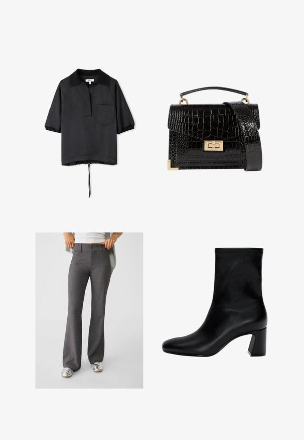 Schwarzes Poloshirt mit kurzen Ärmeln, Kragen, strukturiertem stoff, einer Brusttasche und einem gesmokten Saum mit verstellbarem Kordelzug.; Graue, ausgestellte Hosen aus strukturiertem Stoff, mit einer Zwei-Knopf-Verschluss und Gürtelschlaufen, kombiniert mit glänzenden silbernen Sneakers.; Schwarzer Knöchelstiefel aus glattem Leder. Mit quadrater Zehenpartie, elastischem Schaft und einem stabilen Blockabsatz. Minimalistisches Design.; Schwarz lackierte Handtasche mit Krokodilstruktur, goldfarbenen Hardware, einem oberen Griff und einem abnehmbaren Schulterriemen. Rechteckige Form mit Klappenverschluss.