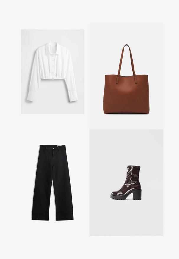 White cropped button-up shirt with a collar, long sleeves, and a single round button detail at the hem. Smooth texture and lightweight fabric.; Black wide-leg denim pants with a high waist, featuring front and back pockets, stitched seams, and a button closure. Smooth texture.; Glossy burgundy ankle boot with a chunky black heel, featuring a smooth texture and simple design. No visible fastenings or patterns.; Brown leather tote bag with a smooth texture, open top design, and two shoulder straps. Features minimal stitching and no visible hardware.