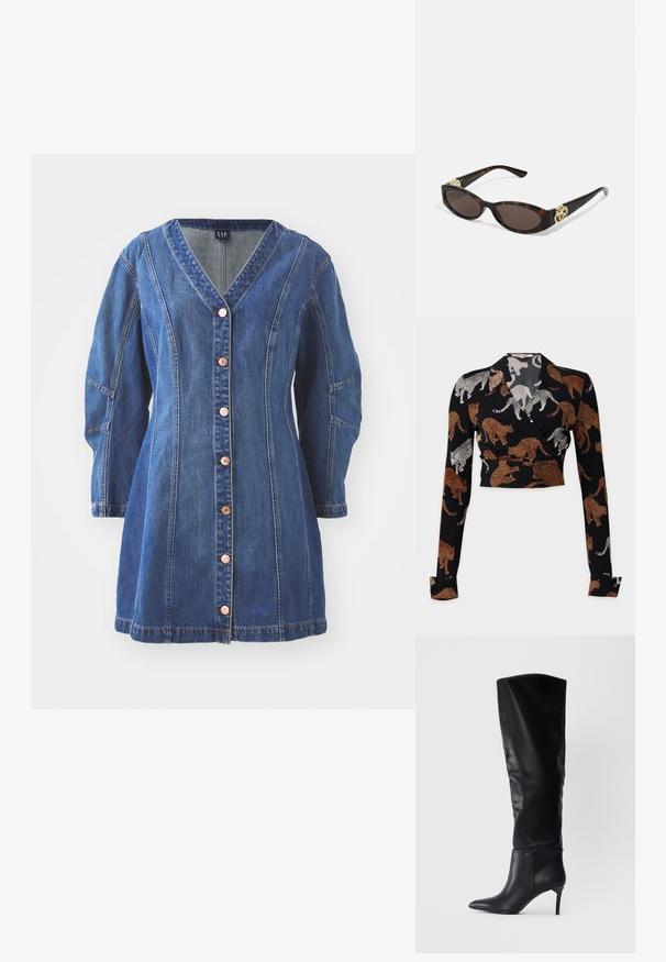 Diane von Furstenberg BOBBIE - Blouse - brown; Blue denim dress with a V-neckline, long sleeves, and button-front closure. Features contrasting stitching and pockets on the sides.; Black leather over-the-knee boot with pointed toe, stiletto heel, and a sleek design featuring a logo accent on the ankle.; Tortoiseshell sunglasses with elongated oval lenses, brown tint, gold logo accents on temples, and sleek black arms.; Black leather shoulder bag with a curved design, gold hardware, and a zipper closure. Features a detachable strap and subtle stitching detail.
