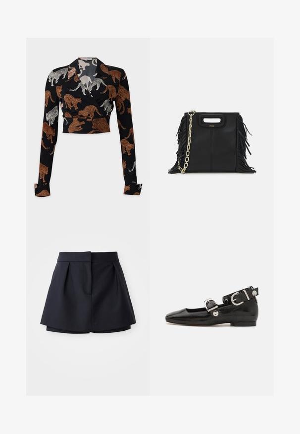 Diane von Furstenberg BOBBIE - Blouse - brown; Marineblauwe geribbelde polo met een puntige kraag, korte mouwen en twee voorzakken met drukknoopsluiting; afgewerkt met witte stiksels accentueert.; Marineblauwe geplooide shorts met een hoge taille, gemaakt van een soepele stof. Heeft een getailleerd ontwerp en een verborgen voorkeurszak.; Zwarte gepatineerde leren platte schoen met een vierkante neus, enkelband met zilverkleurige hardware en platte zool. Gladde textuur met minimalistisch ontwerp.; Zwarte leren handtas met franjes, gouden schouderband van schakels en een uitsnijding in de handgreep. Heeft het logo prominent aan de voorkant.