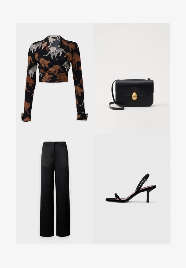 Diane von Furstenberg BOBBIE - Blouse - brown; Wide-leg black trousers with a textured surface, featuring a flat waistband and two side pockets. The fabric appears lightweight and flowing.; Black suede women's high-heeled sandal with slim straps and a gold buckle on a white background, side view.; Black leather handbag with a structured rectangular shape. Features a golden oval clasp and a thin shoulder strap. Smooth texture.