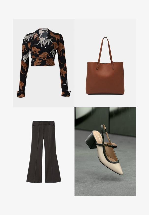 Diane von Furstenberg BOBBIE - Bluse - brown; Sorte flagrende bukser med høj talje; har to forlommer og en glat stofstruktur. Egnet til forskellige anledninger.; Beige spids tå slingback sko med sort kant, guld spænde og en chunky blokhæl på grå gulv med mørkegrøn baggrund.; Brun læder tote taske med en glat overflade, åben topdesign og to skulderremme. Har minimal syning og ingen synlig hardware.