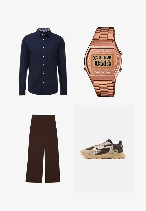 Cămașă albastră închis cu mânecă lungă, guler cu nasturi, guler interior cu carouri contrastante și nasturi albi pe față. Textură netedă.; YOURTURN UNISEX 3 PACK BASIC OVERSIZED T-SHIRT - Tricou basic - dark brown/off-white/dark grey; Pantaloni maro, cu picioare largi, cu pliuri. Realizați dintr-un material neted, având o talie cusută și buzunare laterale. Tiv plat la baza.; Sneaker bej și maro cu panouri din plasă texturată, accente din suede și o talpă din cauciuc. Prezintă un design cu șireturi și detalii de brand.; Ceas digital Casio cu brățară din metal roz auriu, carcasă rectangulară, display iluminat și rezistență la apă, afişând ora și data.