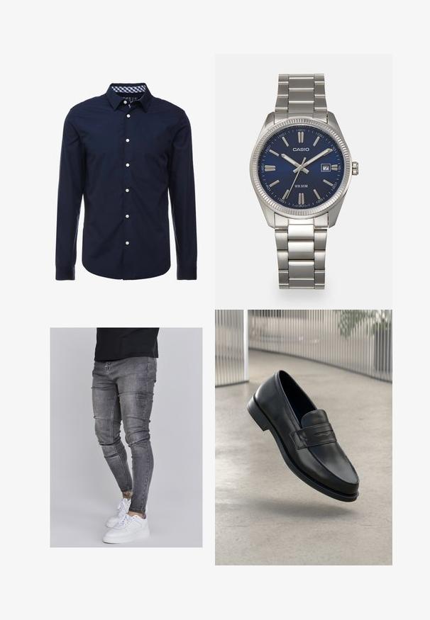 Marineblaue Langarmbluse mit einem Button-Down-Kragen, kontrastierendem kariertem Innenkragen und weißen Knöpfen auf der Vorderseite. Glatte Textur.; Schlanke Jeans aus ausgebleichtem grauem Denim, mit abgenutzten Details an den Knien, kombiniert mit weißen Sneakers. Glatte Textur, schlanker Schnitt.; Schwarzer Lederloafer mit glatter Textur, spitzer Zehe und einem dekorativen Riemen über dem Rist. Leichte Sohle, minimalistisches Design.; Silberner Armbanduhr aus Edelstahl mit einem dunkelblauen Zifferblatt, metallischen Stundenmarkierungen und einem Datumsfenster bei 3 Uhr. Wasserdicht bis 50 Meter.