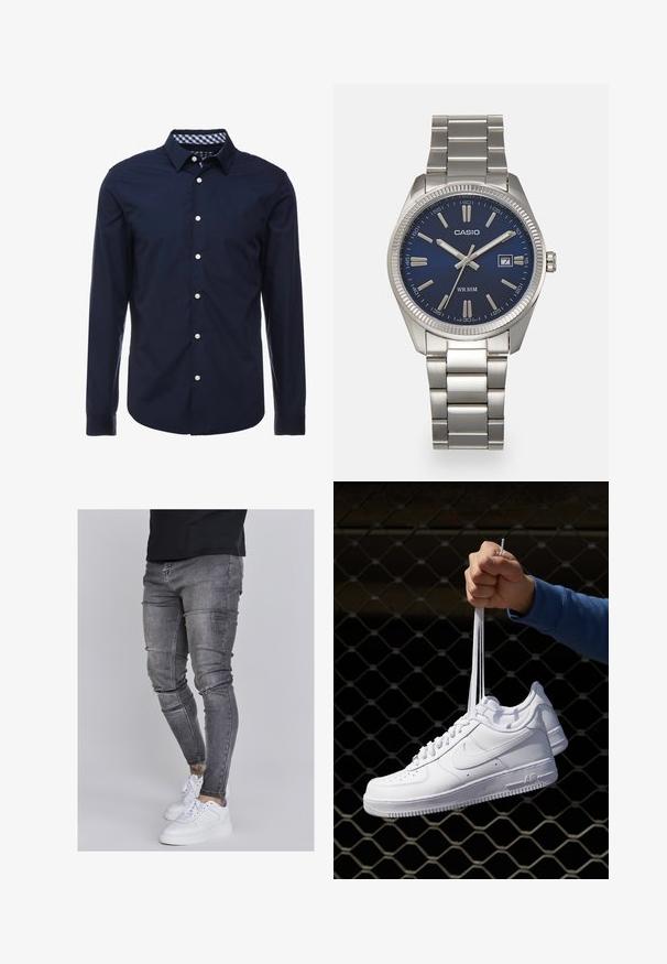 Camicia a maniche lunghe blu navy con colletto button-down, colletto interno a quadri in contrasto e bottoni bianchi sul davanti. Tessuto liscio.; Jeans skinny in denim grigio sbiadito, con dettagli strappati sulle ginocchia, abbinati a sneakers bianche. Texture liscia, design slim fit.; Sneakers in pelle bianca con perforazioni, punta rotonda, suola piatta e lacci spessi, con logo swoosh visibile e "AIR" sul tallone.; Orologio da polso in acciaio inossidabile argento con quadrante blu navy, indici metallici e finestra della data alle 3. Resistente all'acqua fino a 50 metri.