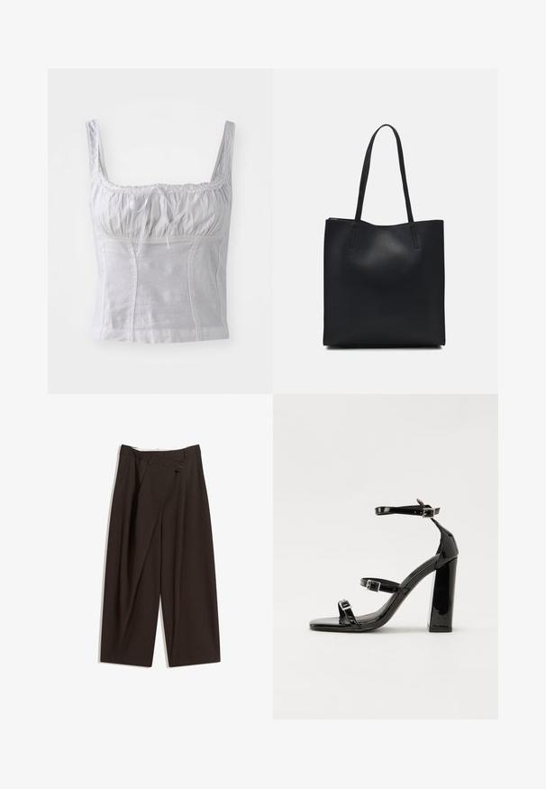 Bijela majica bez rukava s naboranim tijelom, čipkastim rubom duž dekoltea i detaljem mašne sprijeda. Izrađena od glatkog, laganog materijala.; Tamno smeđe široke hlače s visokim strukom, s jednim dugmadi na zakopčavanju i pregibom sprijeda. Izrađene od laganog materijala.; Crne lakirane sandale na visoku petu s dva remena s kopčama, kvadratnim vrhom i masivnom blok petom, s glatkom, sjajnom teksturom.; Crna kožna torba za nošenje s glatkom teksturom, pravokutnim oblikom i dvije duge ručke. Nema vidljivih metalnih dijelova ili ukrasa.