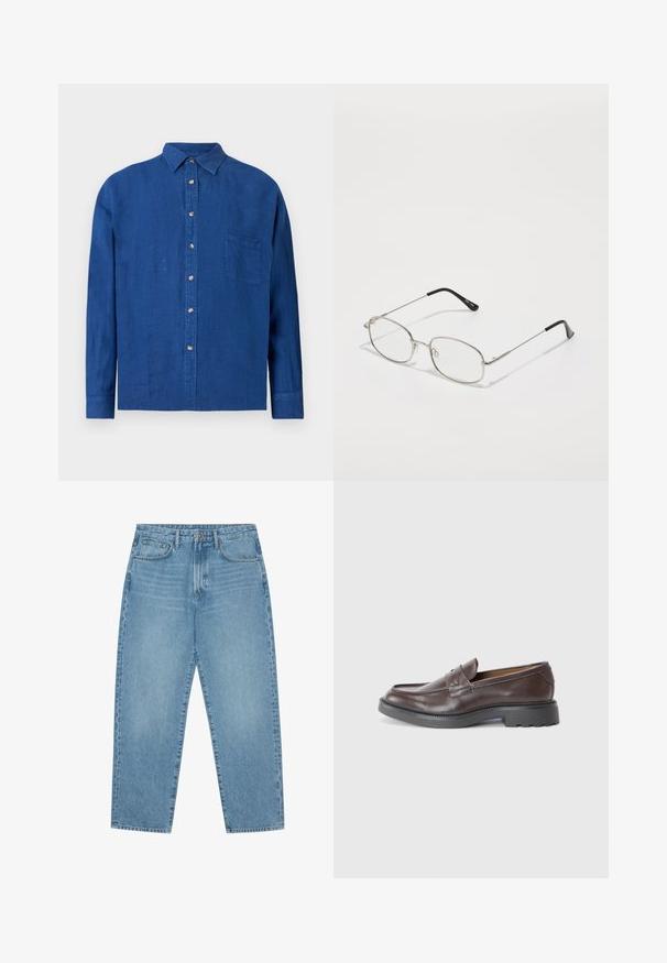 Svetlo modra srajca s dolgimi rokavi in ovratnikom ter žepom na prsih, prikazana na beli podlagi.; Set petih majic v črni, beli in mornarsko modri barvi. Bombažni material, kratki rokavi, krojen vrh z okroglim izrezom ter enostavno teksturo brez vzorcev.; Svetlo modre kavbojke iz jeansa z ravnim krojem nogavic, obliko s petimi žepi in rahlo zbledelo teksturo. Imajo zapenjanje na gumb in zadrgo.; Rjavi usnjeni loafersi z gladko površino, okroglo konico, minimalnim šivom in debelim črnim gumijastim podplatom. Brez vidnih kovinskih delov ali naglasi.; Kovinske očala z ovalnim okvirjem, srebrnimi obroči in prozornimi lečami. Tanke, ravne ročke z črnimi konicami, minimalističen dizajn.