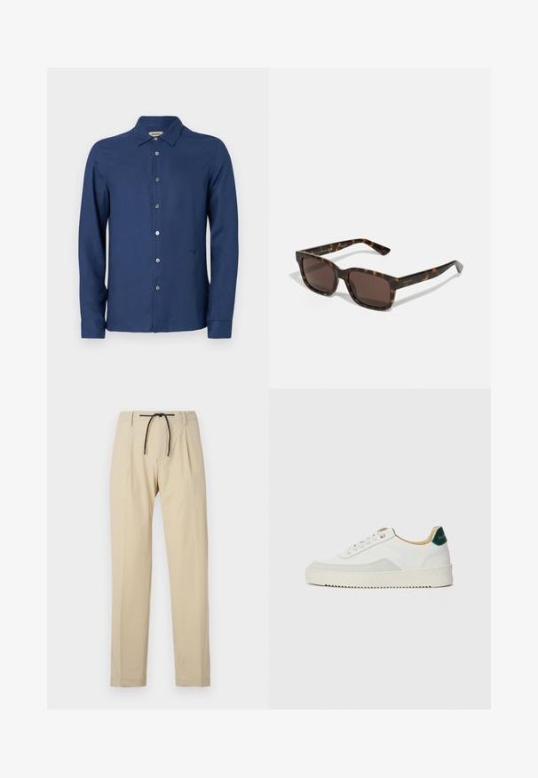 Marineblå, langermet skjorte med knapper i et glatt stoff; har en klassisk krage, subtilt logo og standard knappestolpe.; Beige bukser med lige pasform, som har snørelukking i livet, plisseret foran og en glat tekstur. Enkel, alsidig design.; Hvit sneakers med semsket detaljer, rund tå, flate snøringer og en kremfarget gummisåle. Har grønn merking på hælen.; Gucci-solbriller med firkantede, skilpadde-skal plastikkrammer og brune linser. Har subtil merking på stengene.