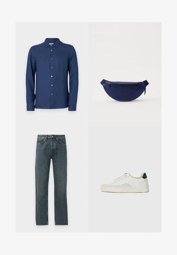 Cămașă bleumarin, cu mânecă lungă, cu nasturi, dintr-un material neted; are un guler clasic, un logo subtil și o bandă standard cu nasturi.; Jeans din denim de culoare albastru închis, cu un design drept, având cinci buzunare, închidere cu nasture și detalii de cusătură în contrast.; Sneaker alb cu accente din suede, vârf rotund, șireturi plate și o talpă din cauciuc crem. Are un logo verde pe călcâie.; Pouch de piele navy cu formă semi-circulară, închidere cu fermoar și curea ajustabilă, având o suprafață texturată și accente metalice la fermoar.