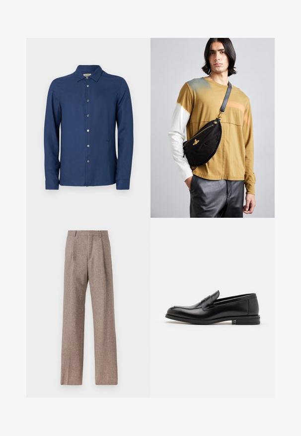Marinblå långärmad skjorta med knappar i ett mjukt tyg; har en klassisk krage, diskret logga och vanlig knappslå.; Bruna, högmidjade byxor i texturerat tyg. Har vida ben och två framvikningar för struktur. Välavslutad utan synlig hårdvara.; Svarta läderloafers med en slät yta, rund tå och ett dekorativt band över främre delen. Låg staplad klack, minimalistisk design.; Vivienne Westwood CITY BUMBAG UNISEX - Bältesväska - black; AGNELLE RICK - Fingervantar - tmoka