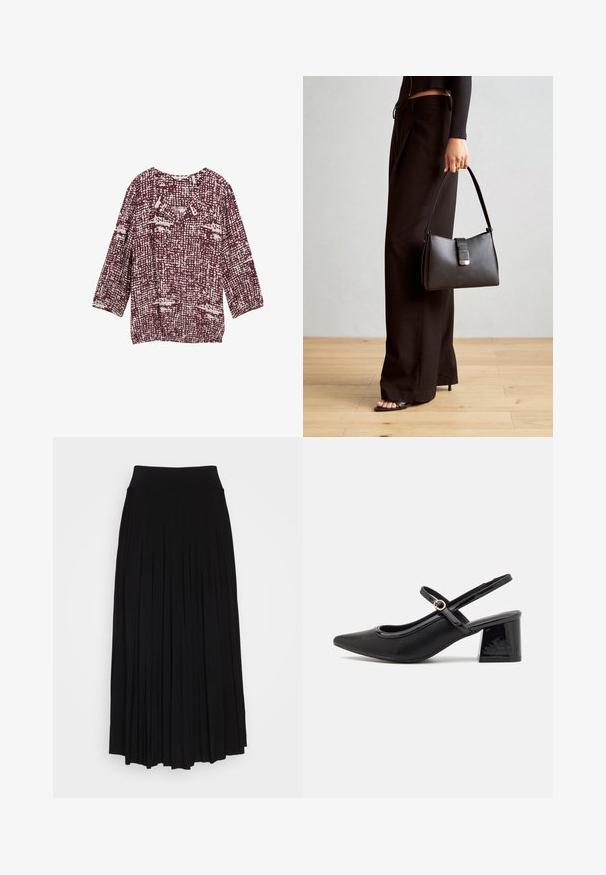 Bordeaux blouse met een textuurpatroon in crèmekleuren, voorzien van een ronde halslijn en driekwartmouwen. Ideaal voor casual gebruik.; Zwarte plissé rok met een hoge, elastische tailleband. Gemaakt van zachte stof, met verticale plooien voor een vloeiende silhouet.; Zwarte gepolijste leren slingback hakken met een spitse neus, een ronde uitsnede en een blokhak. Voorzien van een gouden gespaccent.; Zwarte handtas met gestructureerde vorm, gladde textuur en een metalen sluiting. Gecombineerd met brede zwarte broeken en sandalen met open teen op een houten vloer.