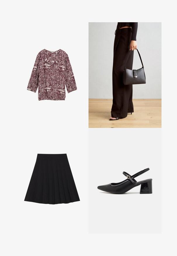 Bordeauxfarbene Bluse mit einem strukturierten Muster in Cremetönen, ausgestattet mit einem runden Halsausschnitt und drei Viertelärmeln. Ideal für die Freizeit.; Schwarzer, plissierter Rock aus strukturiertem Stoff mit einem taillierten Bund. Fällt knielang und hat eine glatte, klare Silhouette.; Schwarze Lackleder-Slingback-Absätze mit spitzer Zehenform, einem runden Ausschnitt-Design und einem Blockabsatz. Mit einem goldfarbenen Schnallenakzent.; Schwarze Handtasche mit strukturierter Form, glatter Textur und einem metallischen Verschluss. Kombiniert mit weiten schwarzen Hosen und offenen Sandalen auf einem Holzboden.