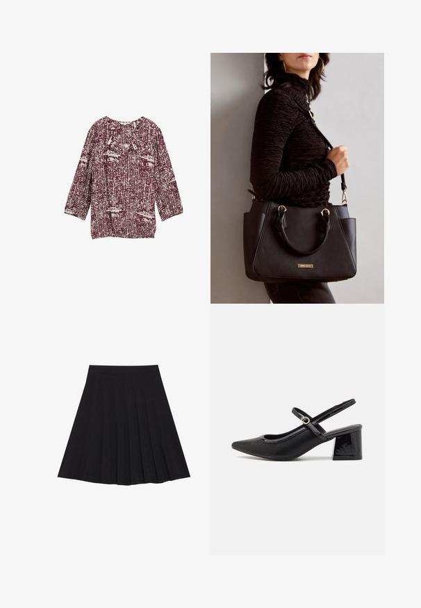Burgundy blouse with a textured pattern in cream tones, featuring a round neckline and three-quarter sleeves. Ideal for casual wear.; Black pleated skirt made of textured fabric with a fitted waistband. Falls to knee length, featuring a smooth, clean silhouette.; Black patent leather slingback heels with a pointed toe, a rounded cutout design, and a block heel. Features a gold-tone buckle accent.; Black handbag with textured surface, dual top handles, and adjustable shoulder strap. Features gold-tone hardware and side pockets.