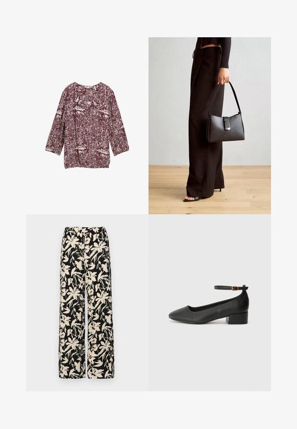 Bluză burgundy cu un model texturat în tonuri de cremă, având un guler rotund și mâneci trei sferturi. Ideală pentru ținute casual.; Top negru cu mâneci scurte, realizat dintr-un material neted, cu un design peplum și o talie beltată cu două butoane rotunde de culoare argintie.; Pantaloni negri cu croi larg, decorati cu un model floral crem. Fabricati dintr-un material usor, avand o textura neteda si un talie inalta.; Pantof cu toc negru din piele, cu vârf ascuțit și toc mic pătrat. Dispune de o curea la gleznă cu o cataramă în tonuri de aur. Textură netedă.; Genți negre cu o formă structurată, textură netedă și un închizător metalic. Asortată cu pantaloni negri largi și sandale cu vârf deschis pe un podea din lemn.