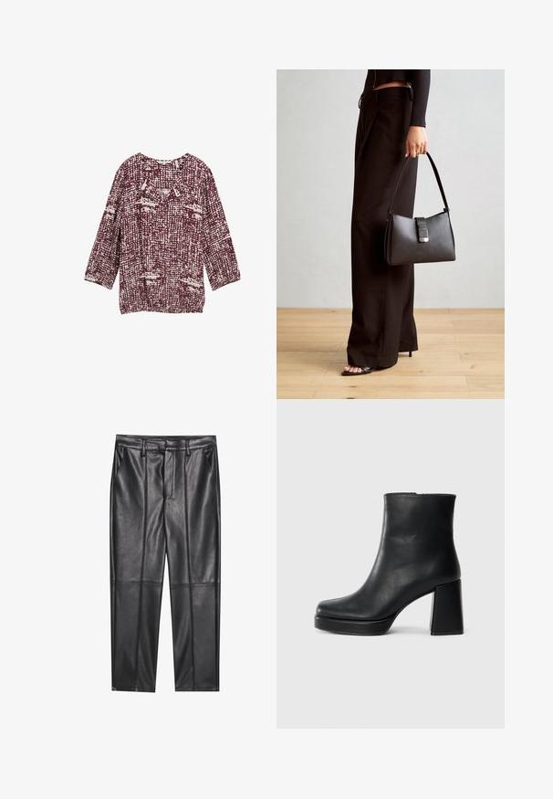 Bordo bluzka z teksturalnym wzorem w odcieniach kremu, z okrągłym dekoltem i rękawami o długości trzy czwarte. Idealna na codzienne noszenie.; Czarne skórzane spodnie o gładkiej fakturze, z prostym krojem, dwoma przednimi kieszeniami i widocznymi szwami.; Czarne skórzane botki za kostkę z blokowym obcasem i platformą, widok z boku na białym tle.; Czarna torebka o usztywnionym kształcie, gładkiej fakturze i metalowym zapięciem. Połączona z szerokimi czarnymi spodniami i sandałami na otwartym palcu na drewnianej podłodze.