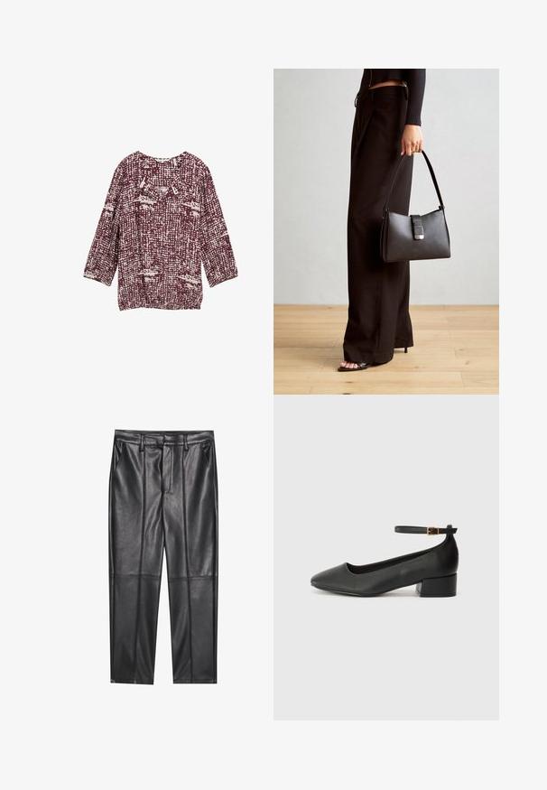 Blouse bordeaux avec un motif texturé en tons crème, dotée d'un col rond et de manches trois-quarts. Idéale pour un look décontracté.; Pantalons en cuir noir avec une texture lisse, présentant une coupe droite, deux poches avant et des coutures visibles.; Escarpin en cuir noir avec un bout pointu et un petit talon bloc. Doté d'une bride de cheville avec une boucle dorée. Texture lisse.; Sac à main noir à la forme structurée, texture lisse et fermoir métallique. Associé à un pantalon noir ample et des sandales ouvertes sur un sol en bois.