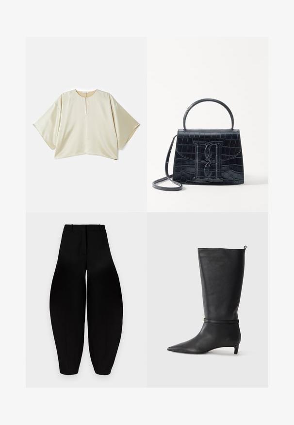 Bežs pārmēru blūze ar apaļu kakla izgriezumu, īsām platām piedurknēm un priekšējo centrālo šuvumu. Gluda, nedaudz spīdīga auduma ar brīvu piegriezumu.; Melnbra plaša kāju bikses ar augstu jostasvietu, gludu priekšpusi un sašaurinātiem potītes daļām. Izgatavotas no gludas auduma ar matētu apdari.; Melnas ādas līdz ceļiem stīgas ar norādītu purngalu, akcentētas ar apaļu siksnu ap potīti un zemu, sašaurinātu papēdi. Gluda tekstūra.; Melnas krokodila rakstā izgatavota ādas rokassoma ar strukturētu dizainu, augšējo rokturi, regulējamu siksnu un izteiktu priekšējo logotipa detaļu.