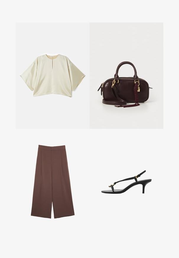 Beżowa, oversized bluzka z okrągłym dekoltem, krótkimi szerokimi rękawami oraz szczeliną z przodu. Gładki, lekko błyszczący materiał o luźnym kroju.; Brązowe spodnie o szerokich nogawkach z gładką fakturą, z wysokim stanem i plisami z przodu. Materiał jest lekki i luźno opada.; Czarne skórzane sandały na koturnie z cienkimi paskami, złotą klamrą i minimalistycznym pętelką na palce na białym tle.; Ciemnobrązowa skórzana torebka na ramię z plecionym frędzlem, złotymi akcentami, podwójnymi uchwytami i odczepianym paskiem na ramię na białym tle.