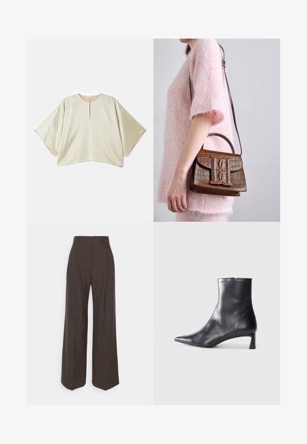 Beige ylipitkä paita, jossa on pyöreä pääntie, lyhyet leveät hihat ja etuosassa halkio. Sujuva, hieman kiiltävä kangas, jossa on löysä istuvuus.; Tummanruskeat leveälahkeiset housut korkealla vyötäröllä, joissa on siistit prässäykset, sileä pinta ja muotoonommeltu istuvuus.; Musta nahkainen nilkkabotti, jossa on teräväkärkinen muotoilu ja tyylikäs design. Varusteena matala korko ja takana vetoketjukiinnitys. Sileä pinta.; Ruskea krokotiili-illalla kuvioitu käsilaukku, jossa on päällikahva ja olkahihna. Etu-läpän päällä on näkyvä logo. Pehmeä tekstuuri.