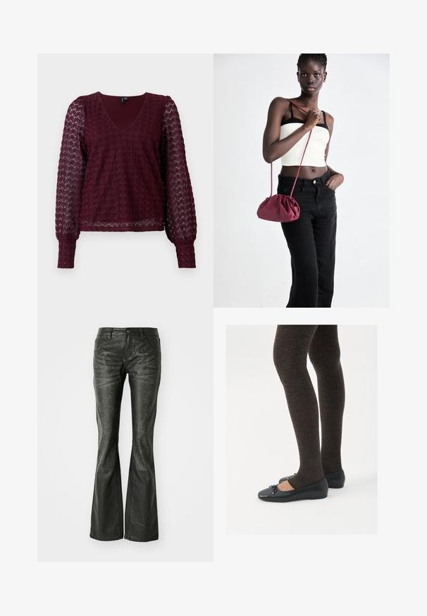 Hedvábná burgundská krajková blůza s dlouhým rukávem, V-výstřihem, nafouklými průhlednými rukávy a texturovaným geometrickým vzorem na těle a rukávech.; Černé kožené zvonové džíny s předními kapsami, kovovým zapínáním a mírně texturovaným povrchem. Rovný střih s dlouhým zakončením.; Černé ploché boty s malou mašlí na špičce, kombinované s tmavě hnědými žebrovanými punčochami. Boty mají hladký povrch a nízký profil.; Burgundská měkká taška s nabíraným designem a dlouhým popruhem, nošená přes tělo. Model má na sobě bílý crop top a černé džíny.