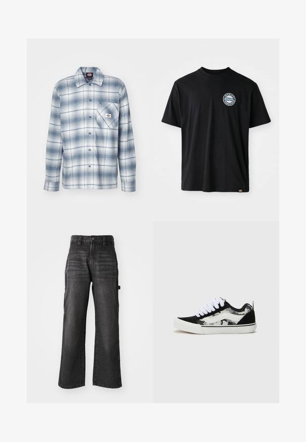 Sinise ja valge ruudulise mustriga nööbitav särk, millel on pikad varrukad, rinnanäpp ning logo pliidetud tasku lähedal. Puuvillane materjal.; Must must t-särk, millel on ümmargune logo rinnal. Lühikesed varrukad ja ümar kaelus, sirge lõikega allääres.; Laiad mustad denim püksid, mis on valmistatud pehmest puuvillast ja millel on pleekinud viimistlus. Omab ees nuppe ja küljetaskuid.; Mustmustertootsud, mille halli kamuflaaži külgpaneeliga, valgete paelte ja kummitald. Küljel on valgest niidist tikitud logo detail.