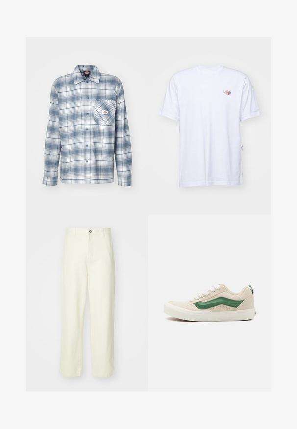 Srajca s karirastim vzorcem v modri in beli barvi, z dolgimi rokavi, žepom na prsih in značko ob žepu. Iz bombažnega materiala.; Bela bombažna majica s kratkimi rokavi in V-izrezom. Ima majhen barvni vezen logotip na levem prsnem delu. Mehka tekstura.; Svetlo rumene hlače iz bombaža s ravnim krojem, ki imajo sprednjo zaklepanje na gumb, zanke za pas in čist, minimalističen dizajn.; Bež semišni športni copat z zelenimi usnjenimi akcenti, zaobljenim nosom, belimi vezalkami in teksturiranimi detajli na straneh. Gumijast podplat je viden.