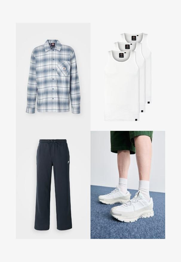 Button-up Karohemd in Blau und Weiß, mit langen Ärmeln, einer Brusttasche und einem Logo-Patch neben der Tasche. Aus Baumwollmaterial.; Drei weiße, gerippte Tanktops aus Baumwolle. Merkmale einen Rundhalsausschnitt und kleine schwarze Etiketten am Saum. In mehreren Größen erhältlich.; Dunkelblaue Sweatpants mit einem elastischen Bund und Kordelzug. Hergestellt aus weichem Stoff, mit einem kleinen weißen Logo auf der linken Hüfte.; Weiße Sportschuhe mit strukturierten Überzügen, einer dicken Sohle und grauen Akzenten. Tragen mit weißen Crew-Socken und grünen Shorts auf einer blauen Oberfläche.