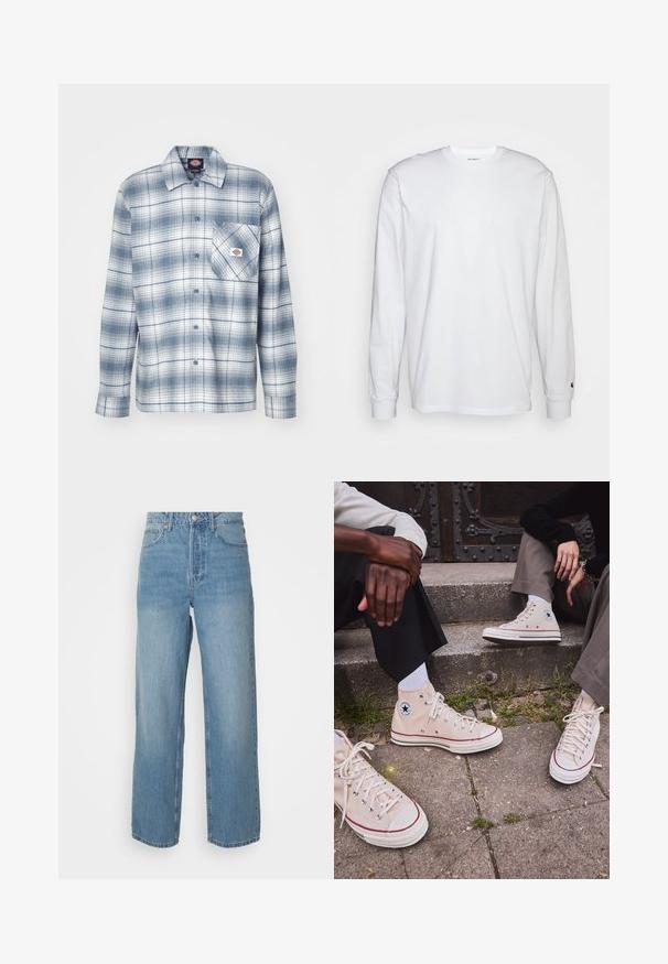Košulja na dugih rukava s kariranim uzorkom u plavoj i bijeloj boji, s džepom na prsima i logotipom u blizini džepa. Materijal: pamuk.; Bijela dugopruga majica s dugim rukavima od pamuka. Dizajn s okruglim izrezom, rebrastim manžetama i malim logotipom na lijevom rukavu. Glatka tekstura.; Svijetloplave traperice viskog struka s ravnim nogavicama, prednjim kopčanjem na gumbe i pet džepova na jednobrojnoj pozadini.; Bež visoke platnene tenisice s crvenom prugom, bijelim gumenim potplatom i metalnim rupicama, s poznatim logom zvijezde sa strane.